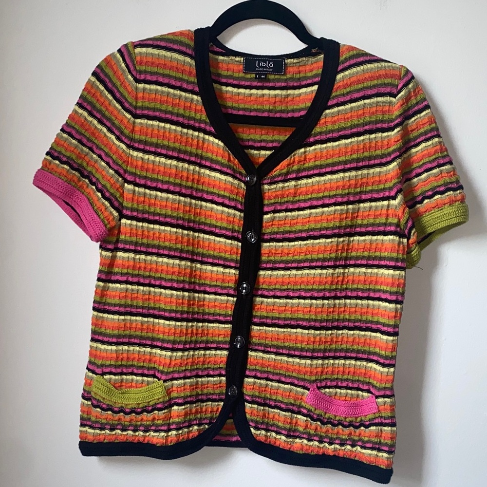 Vintage Liola Multicolor Striped Women's Sweater with shoulder pads, Italy 46
